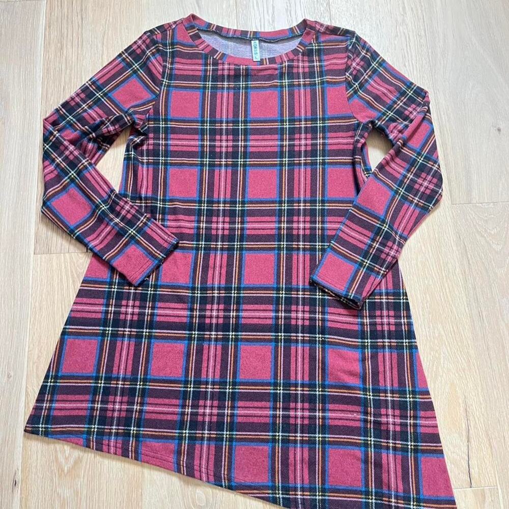 Korsis Pink red & black plaid long sleeve asymmetrical dress dark academia